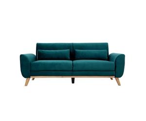 Miliboo EKTOR - Sofá escandinavo de 3 plazas (tejido aterciopelado, color azul petróleo y madera clara)