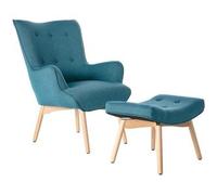 Miliboo Sillón diseño escandinavo y reposapiés azul petróleo y madera clara BRISTOL