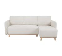 Miliboo Sofá esquinero Convertible y reversible de 3 a 4 plazas de tela efecto terciopelo beige y madera clara romane