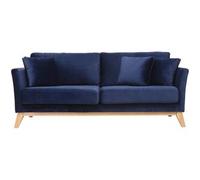 Miliboo Sofá nórdico 3 plazas terciopelo azul oscuro desenfundable patas madera OSLO