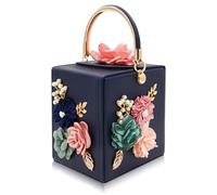 Milisente Bolso de mano de noche para mujer, diseño floral, cuadrado, bolso de noche, bolso cruzado de hombro, bolso de mano de flores para boda, Azul marino, Medium