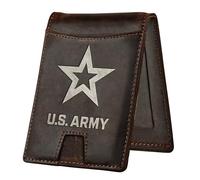 Military Veteran Products Cartera del ejército - Cuero auténtico Crazy Horse con bloqueo RFID, tarjetero plegable con clip para dinero, pequeña empresa propiedad de veterinarios USMC para