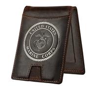 Military Veteran Products USMC - Cartera plegable con bloqueo de RFID, diseño de cuerpo de marines y clip para dinero, piel de caballo loco y clip para dinero, propiedad de veterinarios USMC para
