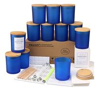 MILIVIXAY Paquete de 12 Tarros de Velas de Cristal Azul Esmerilado de 355 ml con Tapas y Kits para Hacer Velas - Tarros de Velas Vacíos a Granel para Hacer Velas - Recipientes para Especias y Polvo.