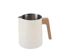 milk frothing pitcher, Jarra for espumar leche y café, jarra de acero inoxidable 304, escala de precisión, mango de grano de madera antiescaldaduras,for coffee machines(350ml Beige)