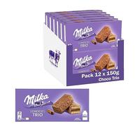 Milka Choco Trio Bizcocho de Cacao y Cubierto con Chocolate con Leche de los Alpes 150 g, Pack de 12