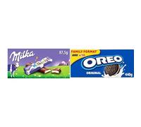 Milka Milkinis, Mini Barritas de Chocolate con Leche de los Alpes, Rellenas de Crema Láctea, 87,5 g + Oreo Galletas de Chocolate Rellenas de Crema Sabor Vainilla, La Galleta Original, Paquete de 440 g
