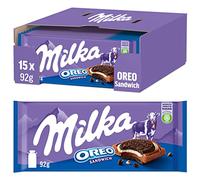 Milka OREO Sandwich de mesa de chocolate 15 x 92 g, delicado Milka Alpenmilch Chocolate con 10 mini galletas originales OREO