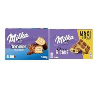 Milka Tender Barritas de Bizcocho, Relleno con Leche y Cubierto de Chocolate con Leche de los Alpes, 37g + Milka Cake & Choc Bizcocho con Pepitas de Chocolate con Leche de los Alpes y Relleno,350g