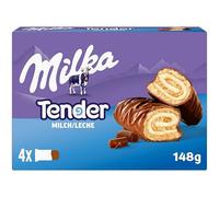 Milka Tender Barritas de Bizcocho, Relleno con Leche y Cubierto de Chocolate con Leche de los Alpes, 4 Barritas, 37 g