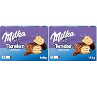 Milka Tender Barritas de Bizcocho, Relleno con Leche y Cubierto de Chocolate con Leche de los Alpes, 4 Barritas, 37g (Paquete de 2)