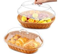 Milkary Paquete de 2 cestas de mimbre para pan con tapa acrílica, cesta de pan de ratán de imitación, cestas de pan para servir cesta de frutas tejida ovalada con cubierta para exhibición de alimentos