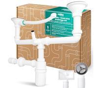 Millto Sifón Botella Para Fregadero Doble 6/4'' 40/50 mm Conjunto Desagüe Con Derivación Rebosadero Rejilla Metálica Plástico Conexión Lavavajillas Cocina Baño