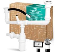 Millto Sifón Doble Para Fregadero De Dos Cubetas 6/4'' 40 mm Botella Cierre Anti Olor Conexión Lavavajillas Lavadora Drenaje Plástico Criba Metal Cocina Instalación Sólida