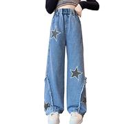 Milokado Kids Girls Jeans Washed Elastic Waist Baggy Wide Leg Jeans Size 4-14 Years, azul (Blue-Star), 13-14 Años