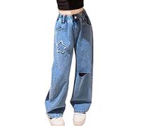 Milokado Kids Girls Jeans Washed Elastic Waist Baggy Wide Leg Jeans Size 4-14 Years, Blue Starpatch, 13-14 Años