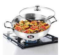 Milton Pro Cook Base sándwich de acero inoxidable Kadhai con tapa de cristal, 26 cm/3,51 litros, acero liso, apto para lavavajillas, inducción, llama, estufa de gas, apto para placa caliente, mango SS
