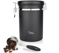 Milu Bote para guardar | 500g, 700g | Bote café hermetico acero inoxidable, tarro de café hermético con cuchara, Recipiente al Vacío para Granos de Café (Negro, 700g)
