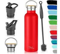 Milu Botella de acero inoxidable 350 ml, 500 ml, 750 ml, 1 l (+3 tapas) - Botella termo con paja, botella de agua, para bebidas calientes, frías y carbonatadas (rojo, 750 ml)