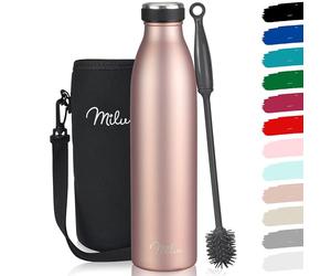 Milu Botella de acero inoxidable de 350, 500, 750 ml, 1 L, 1,5 L, botella térmica aislante, a prueba de fugas, doble pared, apta para bebidas con gas, incluye cepillo de limpieza (oro rosa, 1 L)