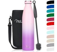 Milu Botella de acero inoxidable de 350ml 500ml 750 ml 1 L 1,5 L botella de agua aislada, termo a prueba de fugas, doble pared, apta para ácido carbónico + cepillo de limpieza (Violeta Rosa, 1L)