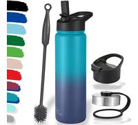 Milu Botella de Agua, 500ml, 750ml, 1000ml (+3 Tapas) - Acero Inoxidable, Libre BPA, Para Bebidas Calientes, Frías y Carbonatadas (Azul Verde, 750ml)