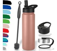 Milu Botella de agua de acero inoxidable, 500, 750, 1000ml (+3 tapas), termo con pajita, botella de agua aislada, botella térmica a prueba de fugas, apta para ácido carbónico (oro rosa, 750ml)