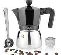 Milu Cafetera Italiana inducción | 3, 6, 9 Tazas | Cafetera Moka de Aluminio, Expresso Maker - Set comprensivo di sottobicchiere, cucchiaio, spazzola (Negro, 6 tazas (300ml)