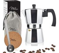 Milu Cafetera Italiana (sin inducción) | 2, 3, 6, 9 Tazas | Cafetera Moka de Aluminio, Expresso Maker - Set comprensivo di sottobicchiere, cucchiaio, spazzola (Aluminio, 3 tazze (150ml)