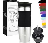 Milu Taza aislante de café y té para llevar 370ml 450ml - 100% a prueba de fugas - Taza de acero inoxidable para beber - vaso de aislamiento al vacío - Caliente y frío (Negro, 450ml)