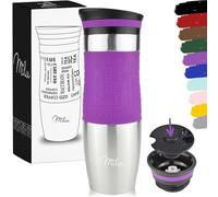 Milu Taza aislante de café y té para llevar 370ml 450ml - 100% a prueba de fugas - Taza de acero inoxidable para beber - vaso de aislamiento al vacío - Caliente y frío (Púrpura, 450ml)