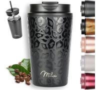 Milu Termo Cafe 300ml, 400ml, 500ml - Vaso Termico Antigoteo, Taza Termica acero inox sin BPA, Vaso Insulated Mug para llevar (Black Leopard, 400ml)