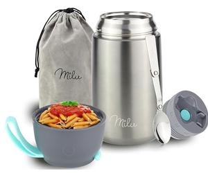 Milu Termo para Comida 300ml, 440ml, 450ml, 650ml, 800ml Taza Aislada, Botella de Acero Inoxidable Aislada para Alimentos, Beber y sopa de los niños de adultos A prueba de fugas Térmico (800ml/Gris)