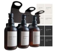 MILUKA Dispensador Jabón Pared - Sin Taladro | 3 Dosificadores 500 ml, Botella Rellenable Pet Ámbar con Soporte Adhesivo Invisible | Organizador Ducha para Champú y Gel | 8 Etiquetas