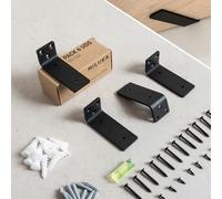 MILUKA Pack 4 Escuadras para Estanteria 10 cm | Escuadras metálicas invisibles en L para Baldas de Pared | Acero Resistente, 60 kg | Diseño Industrial Negro, Anclaje oculto.