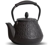 MILVBUSISS Tetera de hierro fundido, 950 ml, con patrón de flor japonesa, apta para estufa, infusor para hojas sueltas y café, mango de silicona, interior esmaltado, 32 onzas, negro
