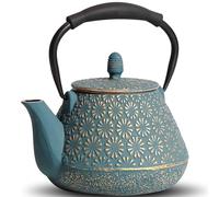 MILVBUSISS - Tetera japonesa de hierro fundido con diseño de sakura esmaltado, 950 ml, con infusor para té de hojas y café, asa de silicona, segura para la estufa, 32 oz azul