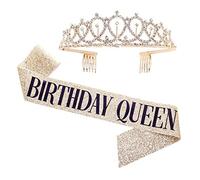 Mimdixy Coronas y faja de cumpleaños, diadema de reina con diamantes de imitación, accesorios para el cabello, corona de tiara de feliz cumpleaños con faja para mujer, kit de decoración (Rosy Gold)