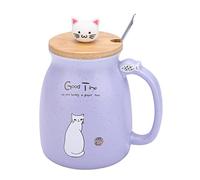 Mimdixy Linda taza de cerámica, taza de café de gato con tapa de madera y cuchara, taza de té de 420 ml para agua, café, té, leche (Azul)