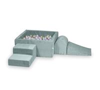 MIMII Parque infantil de espuma con piscina cuadrada de bolas de menta clara, 90 x 90 x 40 cm (400 bolas: perla/oro claro/madreperla/azul claro) - grandes bloques de construcción para juguetear