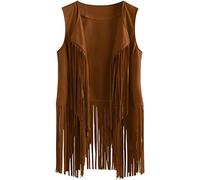 MIMIKRY Chaleco con flecos en imitación de ante vaquera, hippie, india, bohemia, festival occidental, talla S, color: marrón