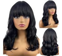 MIMISERVICE Peluca corta ondulada de 16 pulgadas con flequillo, color negro con rojo hasta el hombro, pelucas de pelo para mujer, pelucas rizadas de fibra sintética resistente al calor para uso diario