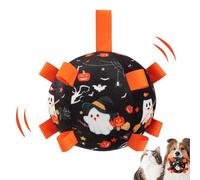 Mimoqk - Balón de fútbol para perros con tiras | Balón de fútbol de Halloween para perros - Juguete de entrenamiento interactivo con campanilla para estimular la persecución y lucha contra el