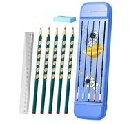 Mimoqk Multifunctional Pencil Box, Divided Pencil Organizer Case, Hard Crayon Box, Complete Stationery Set with 5 Pencils, borrador, ruler, for Boys, Girls, Kids, Students, (ABS), Blue/Pink, azul, Se