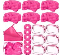 Mimorou 24 piezas de suministros de fiesta de pijamas, suministros de fiesta de maquillaje, 6 diademas de spa, 6 coleteros de terciopelo, 6 paños desmaquillantes, 6 bolsas de cosméticos transparentes