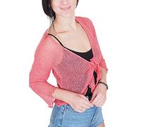Mimosa Señoras Mujeres Crochet Bolero Brillo y Liso de Encaje Elastico Cardigan Abierto (Talla Unica ES 36-44, Coral)