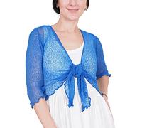 Mimosa Señoras Mujeres Crochet Bolero Brillo y Liso de Encaje Elastico Cardigan Abierto (Talla Unica ES 36-44, Royal)