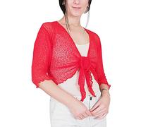 Mimosa Señoras Mujeres Crochet Bolero Brillo y Liso de Encaje Elastico Cardigan Abierto (Talla Unica ES 36-44, Red)