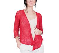Mimosa Señoras Mujeres Crochet Bolero Brillo y Liso de Encaje Elastico Cardigan Abierto (Talla Unica ES 36-44, Cherry Red)