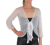 Mimosa Señoras Mujeres Crochet Bolero Brillo y Liso de Encaje Elastico Cardigan Abierto (Talla única, White/Silver)